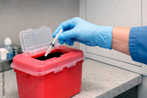 Gloved hand discarding a syringe into a red sharps container in a clinic.