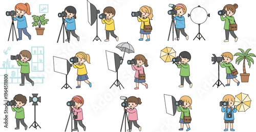 Flat Cartoon Photographer Character Collection Featuring Kids with Digital Cameras, Tripods, Softboxes, Reflectors, and Studio Lighting for Photography Education and Media Designs