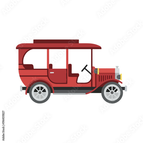 Vintage red tourist car with open top and side panels