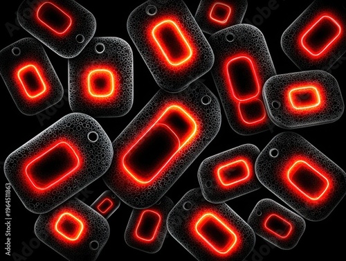 Abstract design with glowing red shapes on black background  