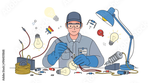 Crafting Brilliance: An electrical worker, amidst a flurry of tools and glowing bulbs, diligently focuses on repairing a delicate circuit, embodying skill and expertise.