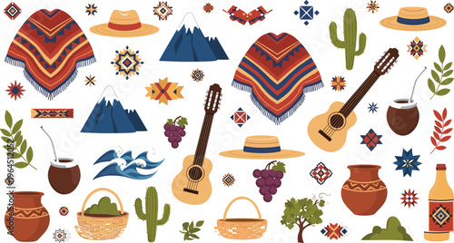 Mexican culture seamless pattern with poncho, guitar, sombrero, cactus, pottery and traditional folk ornaments vector illustration background