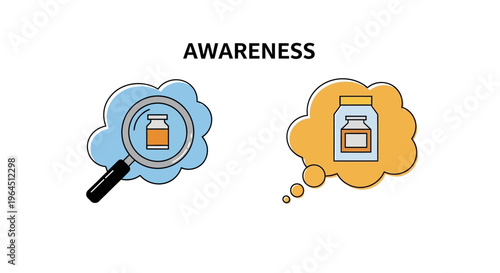Awareness and Discovery Concept Vector. Magnifying Glass Explores Jar, Symbolizing Insight, Understanding, and Product Knowledge.