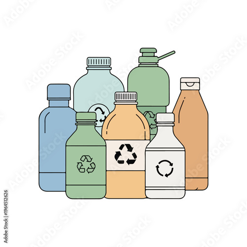 Collection of recyclable plastic bottles in various colors and shapes