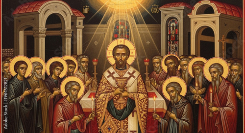 Iconic Depiction of Pentecost with Holy Spirit and Apostles.