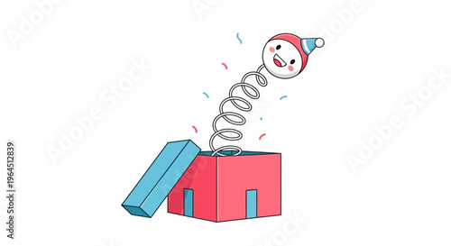A cheerful clown mascot emerges from a red surprise gift box with a blue lid on a white background, conveying a joyful and playful mood with colorful confetti
