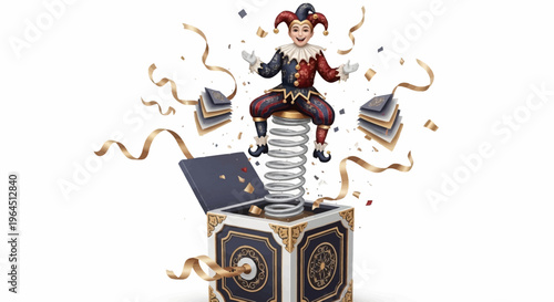 A playful clown mascot springs out of a colorful jack-in-the-box surrounded by confetti and ribbons on April Fools' Day, conveying a joyful and surprising mood with vibrant, celebratory