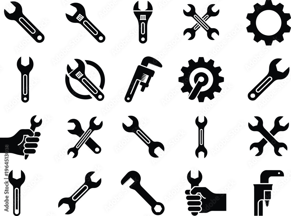 Fototapeta premium Wrench and mechanic tool silhouette icons set. Repair, maintenance, gear, hardware vector