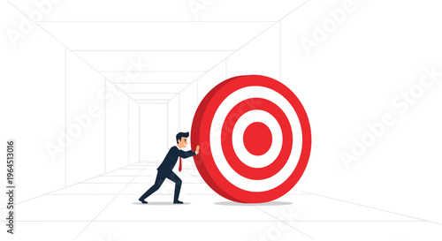 A determined businessman in a suit pushes a large, red and white bullseye target down a long, white, perspective-lined corridor.