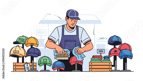 Craftsman with Caps: A craftsman attentively polishes and organizes caps, showcasing his meticulous approach to his work. Emphasizing craftsmanship, dedication and artisan skill.