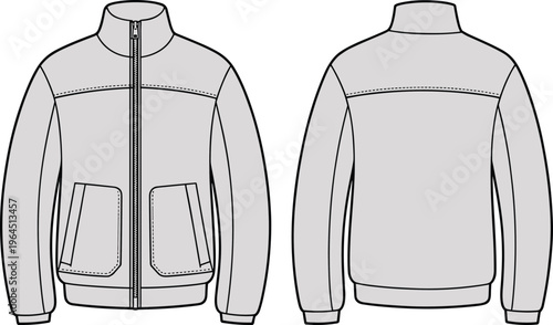 Stand collar jacket vector illustration front and back view casual outerwear fashion apparel design zip up coat technical drawing