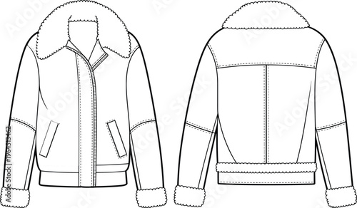 Shearling jacket vector illustration front and back view winter outerwear fashion design technical drawing warm coat apparel template mockup