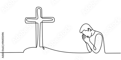 A single line drawing of a person praying in front of a christian cross on a white background