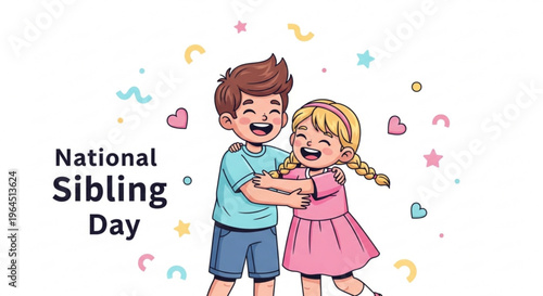 National sibling day illustration of happy brother and sister hugging with colorful confetti and stars