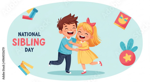 National sibling day illustration of happy brother and sister dancing together surrounded by toys and colorful decorations