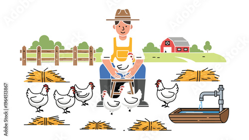 Farm Life Scene: A farmer surrounded by his flock on a sunny farm, tending to his chickens, fostering a sense of pastoral harmony.