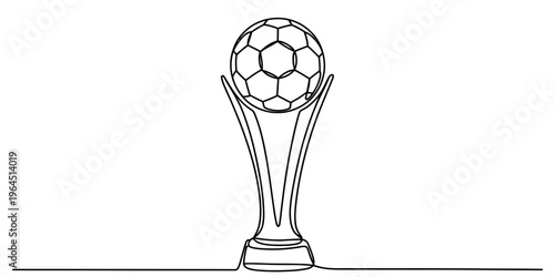 A single continuous line drawing illustration of a soccer ball trophy on a plain white background.