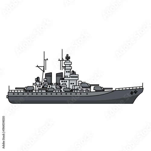 Warship naval vessel with superstructure and deck guns on white background