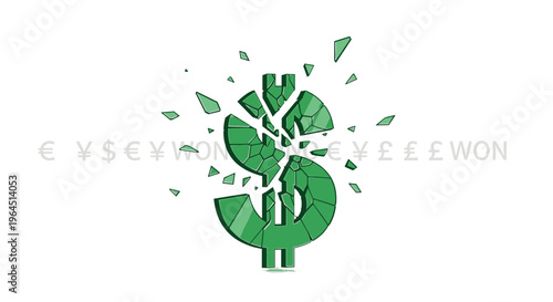 A striking green dollar currency symbol is depicted disintegrating into sharp fragments, encircled by faint grey international currency symbols.