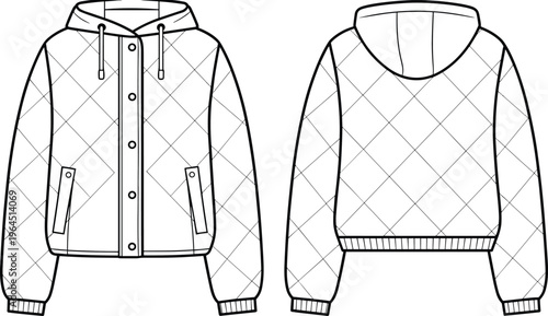 Quilted hooded jacket vector illustration front and back view winter outerwear fashion apparel design technical drawing template mockup clothing