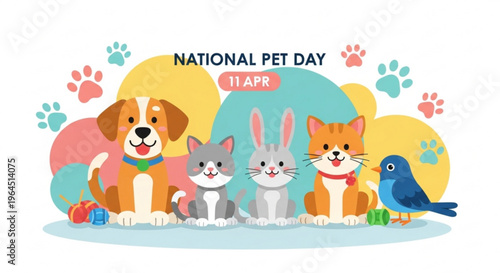 National pet day celebration with colorful animals and toys on april 11th