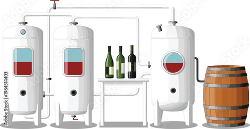 Industrial Alcohol Production Line Vector Featuring Steel Fermentation Tanks Glass Wine Bottles Wooden Oak Barrel and Distillery Equipment for Winery Designs