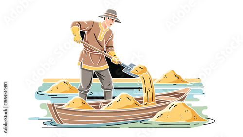 Coastal Laborer: A hardworking individual diligently shovels sand into a wooden boat, a faithful dog watches on. A scene of manual work in a coastal environment.