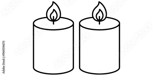 A simple black and white line art illustration showing two cylindrical candles with lit flames