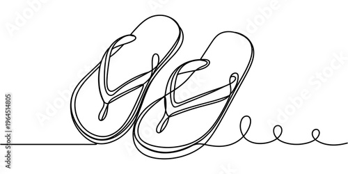 A single continuous line drawing of a pair of simple summer flip flop sandals on white background