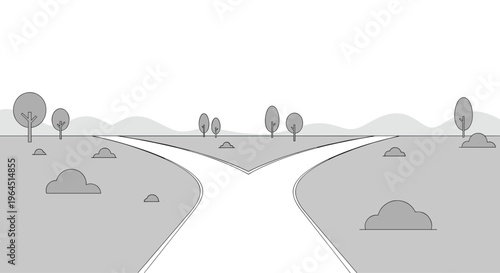 A grayscale landscape presents a white path diverging into two routes, leading through a field dotted with stylized trees and bushes under a light gray sky.