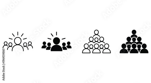 Crowd and audience people icon set showing group of people and public gathering. Vector symbols for community, society, teamwork, population, event audience and social interaction concepts.

