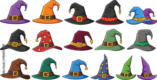Large Collection of Colorful Witch and Wizard Hat Vector Icons with Stars Buckles and Patterns for Halloween Fantasy and Magic Themed Graphic Designs