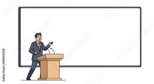 A male speaker in a gray suit and red tie gestures from a wooden podium beside a large, blank white screen.