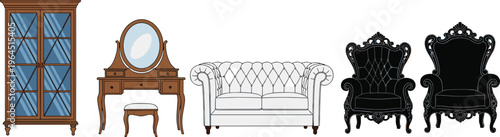 Luxury Vintage Furniture Vector Set Featuring Ornate Armchairs Chesterfield Sofa Dressing Table with Mirror and Glass Cabinet for Classic Interior Designs