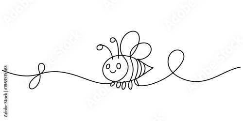 A minimalist single line drawing of a cute little bee flying along a continuous curly path line
