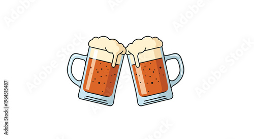 Two traditional glass beer mugs with handles clink together in a celebratory toast, filled with frothy brown beer and overflowing creamy white foam against a clean white background.