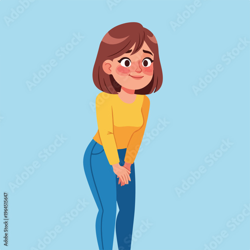Cartoon woman with brown hair and yellow shirt smiling shyly