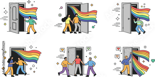 LGBTQ Pride Doorway Concept Cartoon Vector Set with People Entering Rainbow Portal, Diversity Inclusion, Equality Celebration Illustration Collection