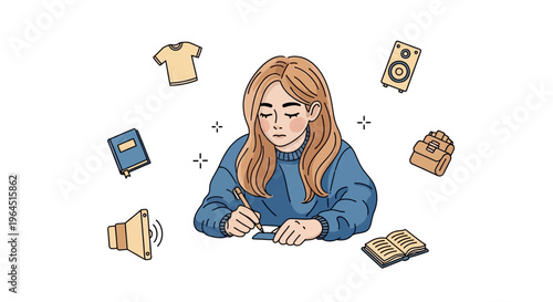 Young Woman Focused on Writing, Surrounded by Life's Priorities: Managing Tasks, Planning, and Everyday Responsibilities
