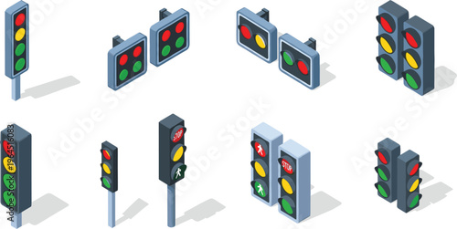 Isometric Traffic Light Signal Vector Set with Road Intersection Lights, Stop Go Indicators, and Urban Transportation Control Illustration