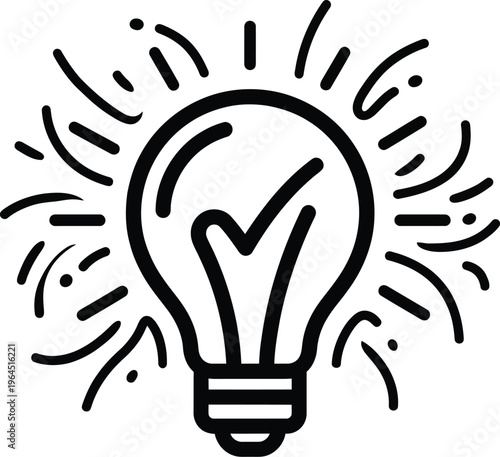 Vector graphic illustration of a lightbulb with a checkmark inside and lines radiating from it representing a creative idea or innovation concept
