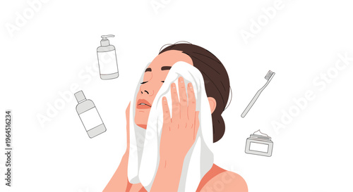 A woman with closed eyes gently wipes her face with a white towel, surrounded by various skincare and personal hygiene products.
