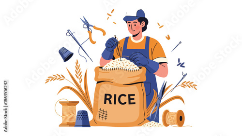 Rice Craftsmanship: An artisan meticulously repairs a sack of rice, embodying the dedication and precision of agricultural tradition.