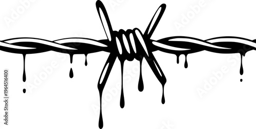 Black barbed wire with dripping liquid white background symbolizing restriction and danger