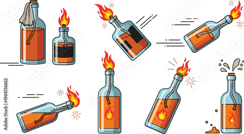 Molotov Cocktail Fire Bottle Cartoon Vector Set with Flaming Glass Bottles, Explosive Firebomb Illustration Collection for Protest, Riot, and Danger Concept