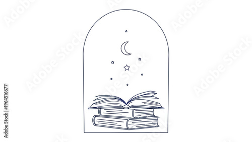 Dreamy reading corner: An open book rests upon a stack of literary treasures, with a celestial moon and stars twinkling above, creating a whimsical and imaginative scene for reading.