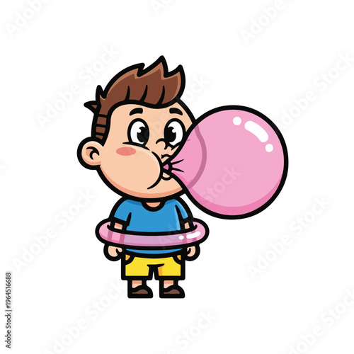 Boy blowing large pink bubble gum bubble with pink wand