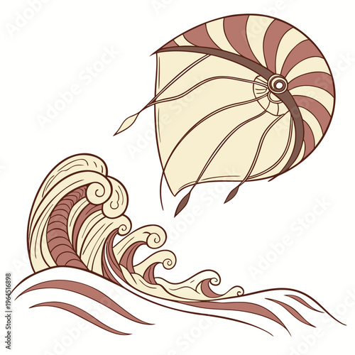 Kitesurfing illustration with wave and kite in brown and beige colors