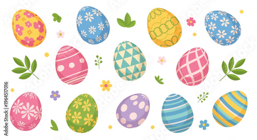 Colorful Easter eggs and decorative elements arranged on a white background for celebration and design purposes.