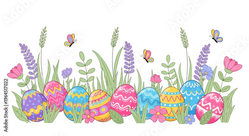 Colorful Easter eggs and rabbits in a floral garden with butterflies on a white background, a vibrant Easter celebration illustration.